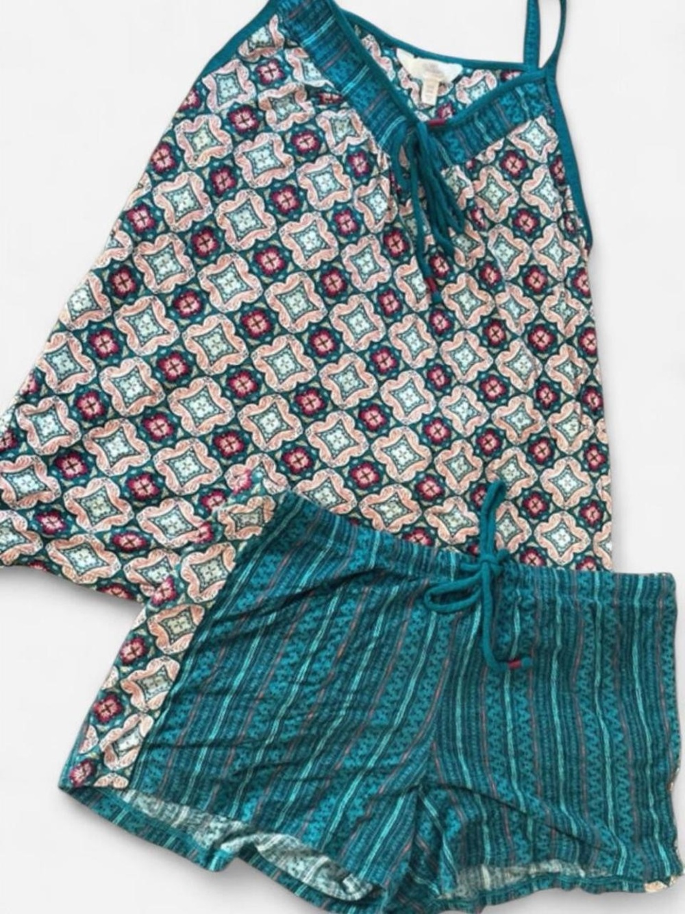 Secret Treasures Teal Multi-Color Printed Pajama Tank & Shorts Set Womens Small